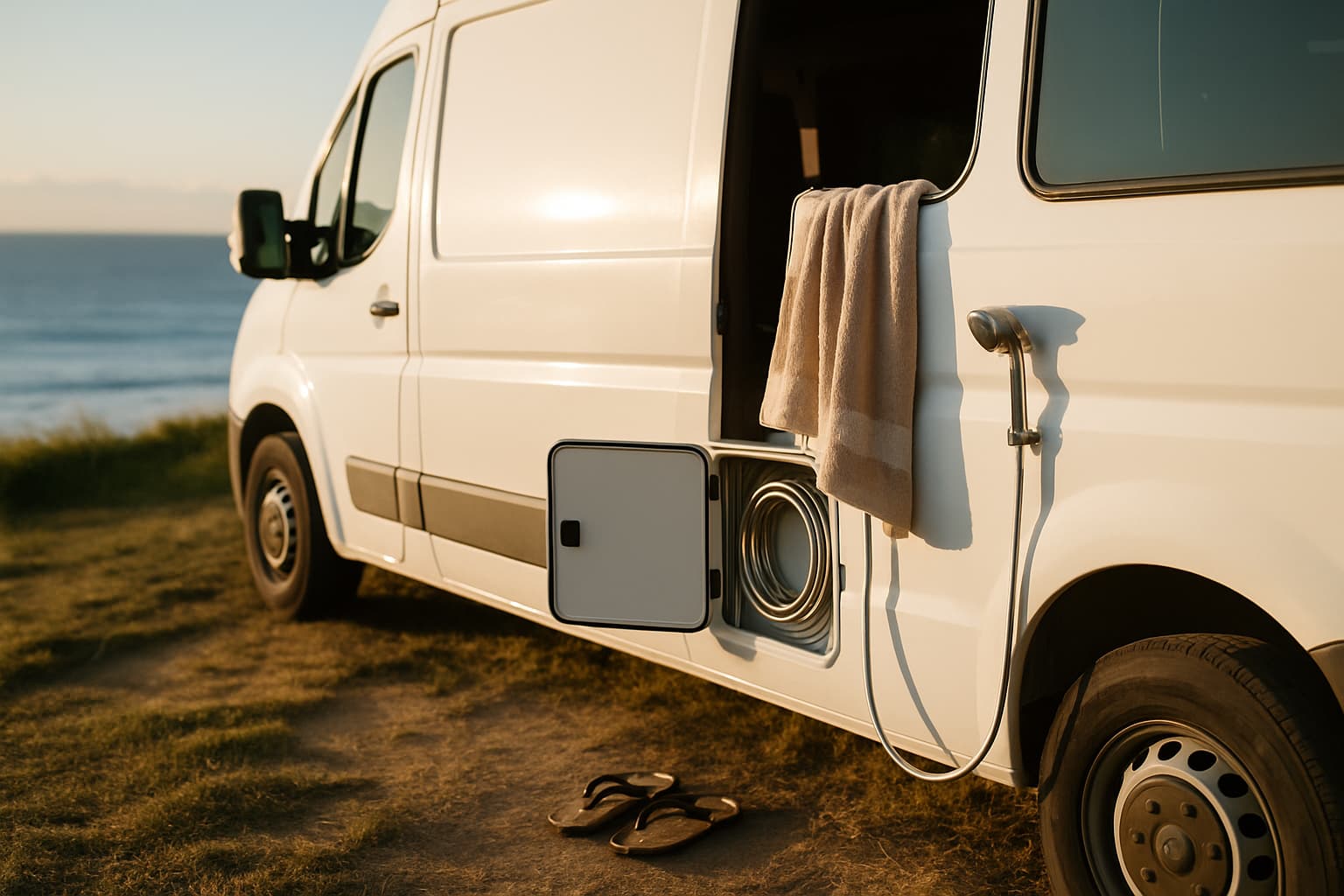 Witte camper op een grasveld aan de kust met een uitgeklapte buitendouche aan de zijkant, een handdoek over de deur en slippers op de grond in avondzon