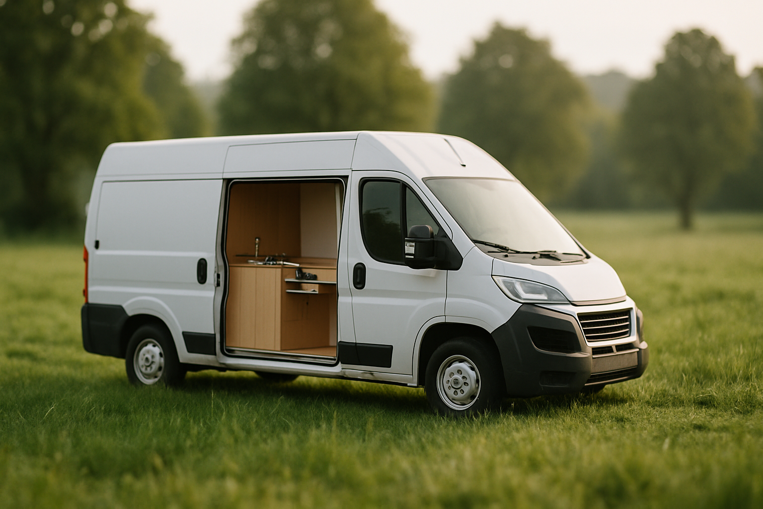 Witte camper met open zijdeur in een groene weide, met zicht op een compact keukenblok met houten werkblad, spoelbak en tweepitsgaskomfoor