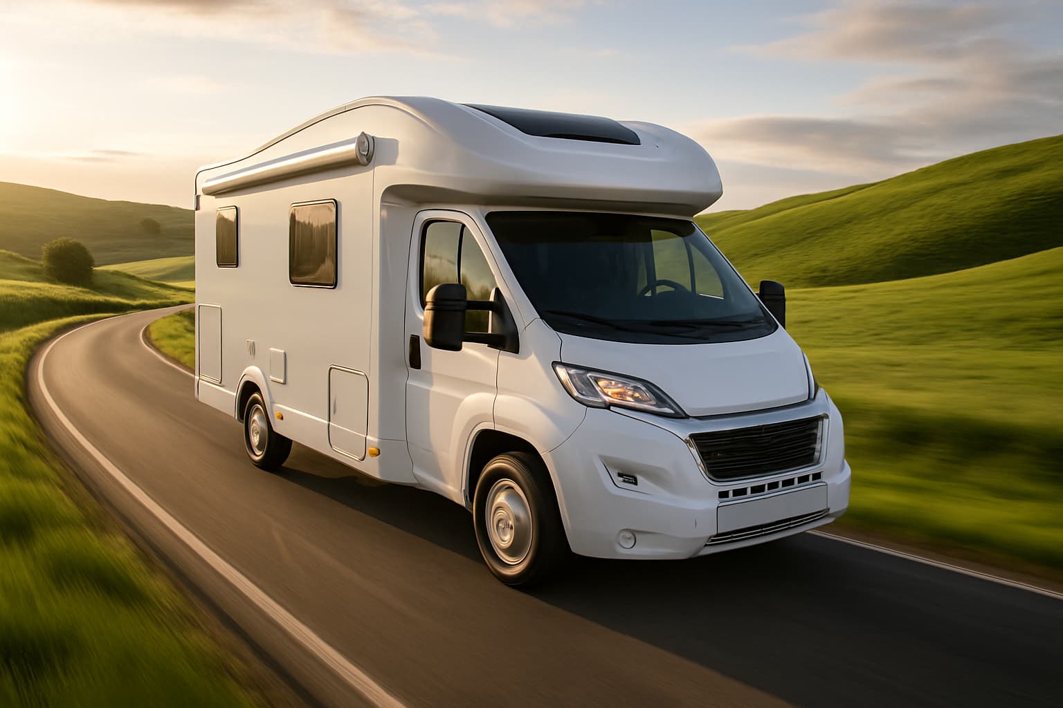 Witte camper zonder merklogo rijdt over een vloeiende bochtige weg door glooiend heuvellandschap in laag middaglicht