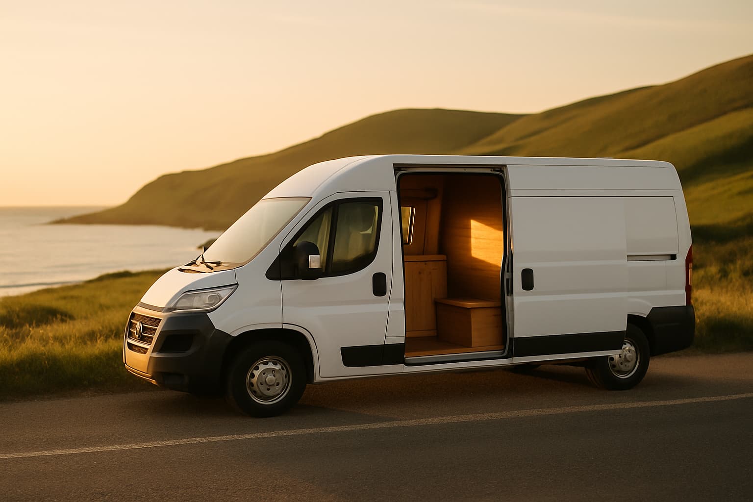 Neutraal wit camperbusje geparkeerd langs een kustweg bij zonsondergang, met open schuifdeur en uitzicht op groene heuvels en de zee