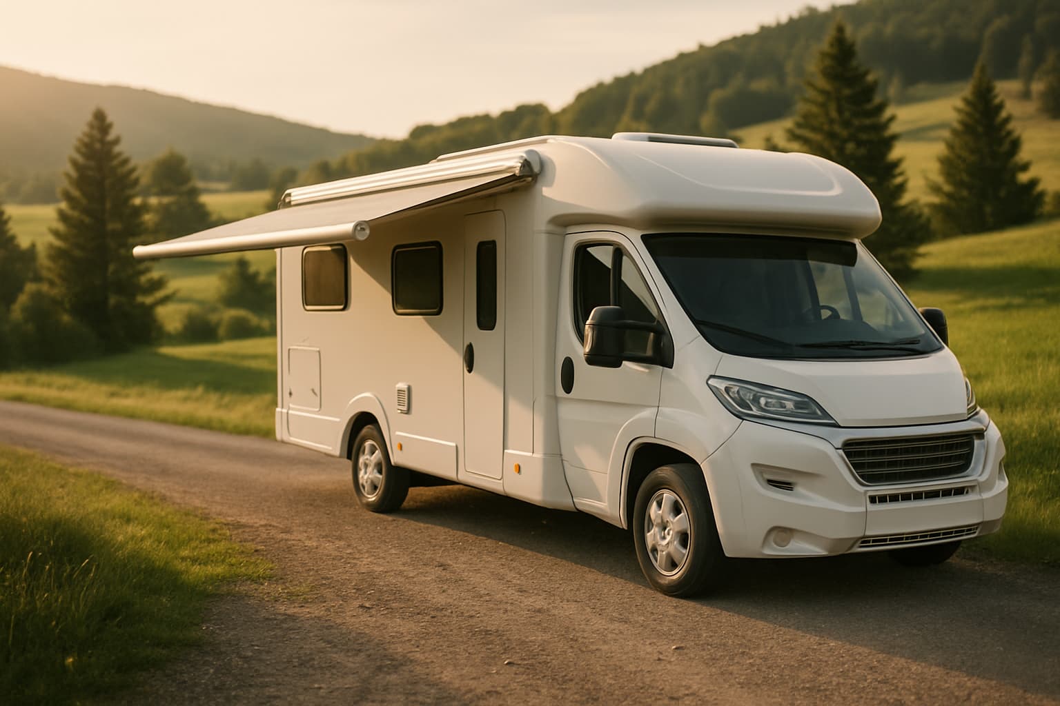 Witte semi-integraal camper zonder merktekens geparkeerd langs een landweg in een heuvelachtig landschap bij avondzon