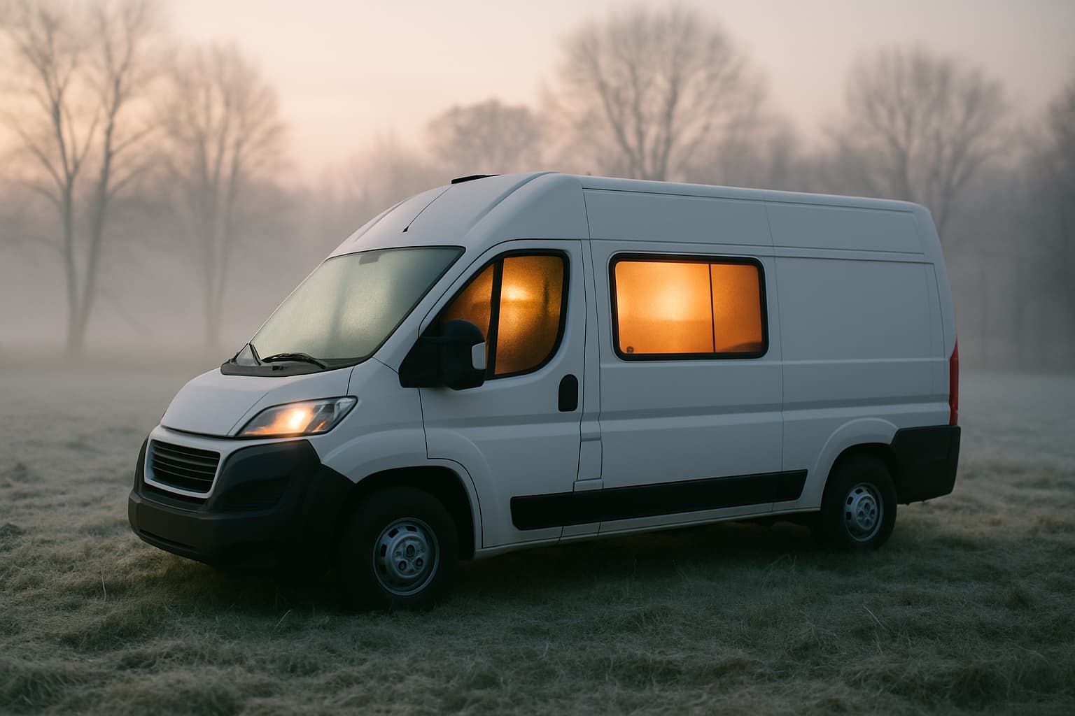 Witte camper op een berijpt veld in de vroege ochtend, met warm licht achter de ruiten dat een verwarmd interieur suggereert