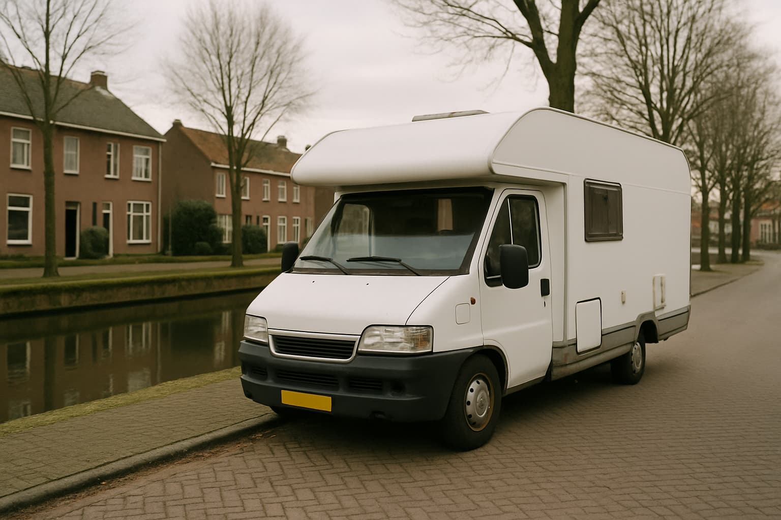 Neutrale witte camper geparkeerd langs een rustige Nederlandse straat bij een gracht, met bakstenen huizen op de achtergrond in zacht ochtendlicht