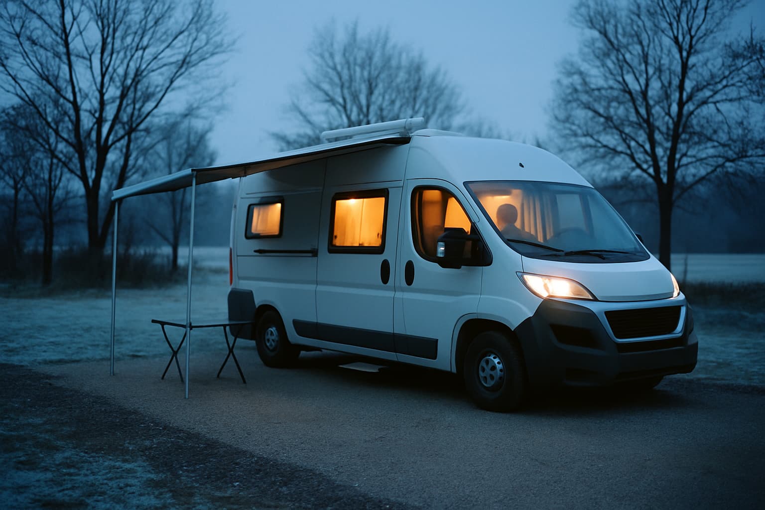Neutrale witte camper geparkeerd in een winters landschap bij schemering, met warm licht achter de ramen en rijp op de grond