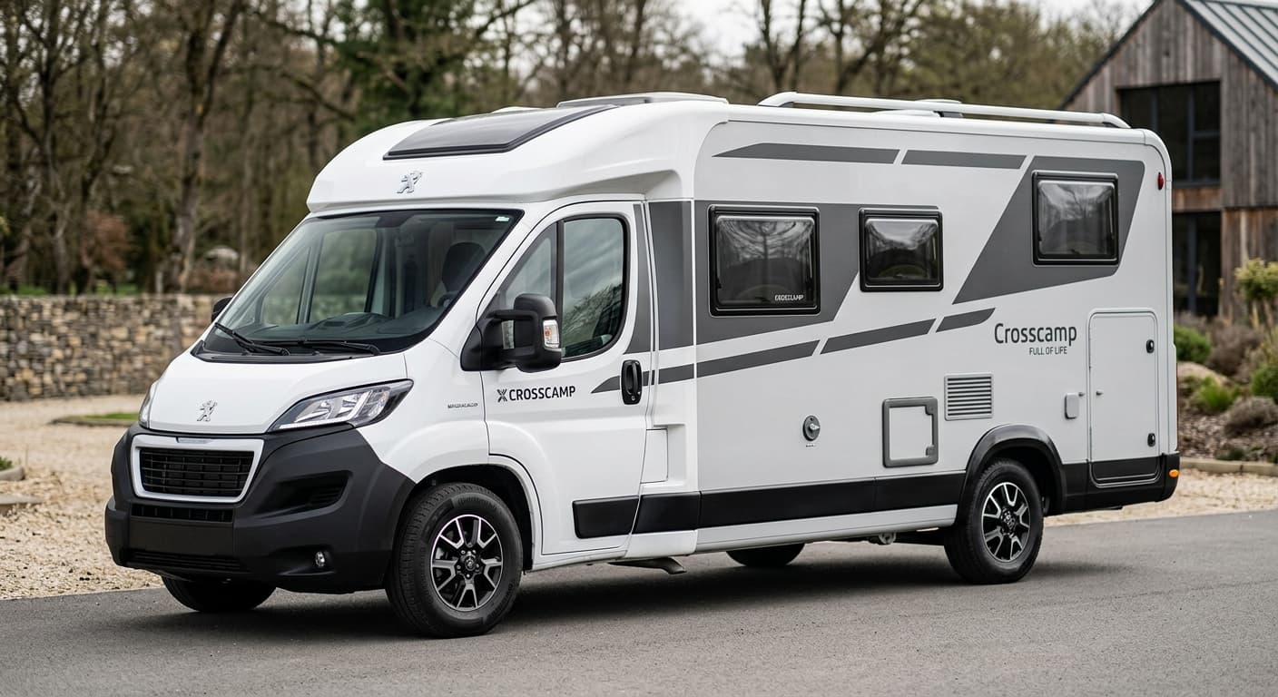 Impressie van een halfintegrale camper met Crosscamp-belettering, vooraanzicht