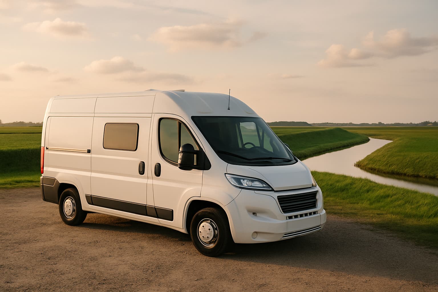 Neutrale witte camper geparkeerd langs een Nederlands polderlandschap met dijk en sloot in het late middaglicht