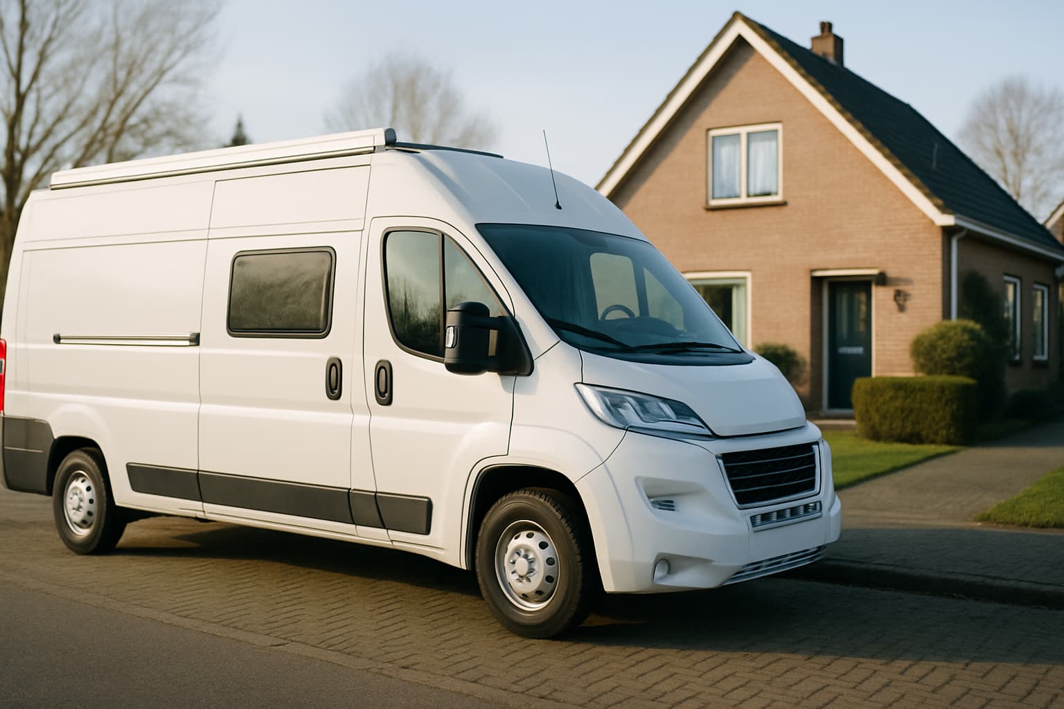 Neutrale witte camper geparkeerd op een oprit voor een Nederlands huis in het ochtendlicht