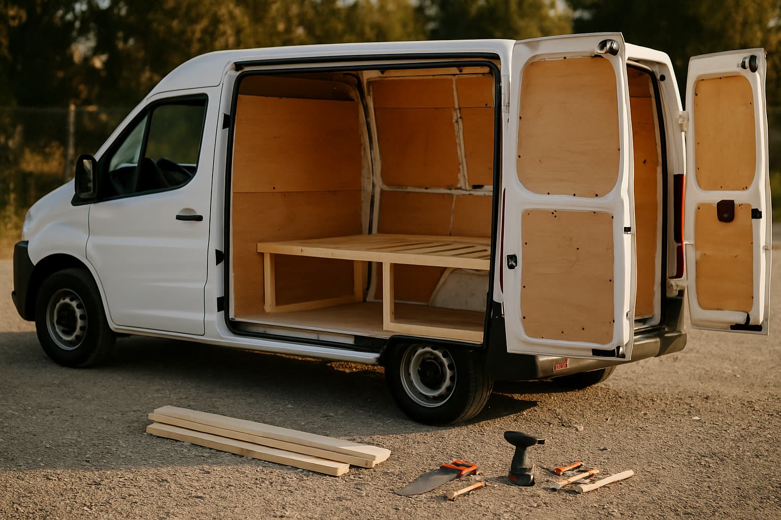 Witte bestelbus met open zij- en achterdeuren waarin een halfafgebouwd camperinterieur met houten panelen en isolatie te zien is, met gereedschap en hout ernaast op de grond