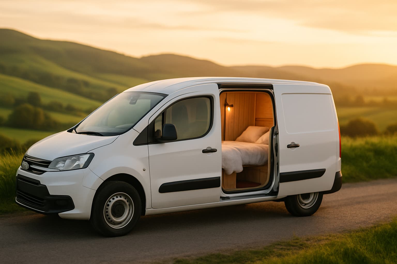Kleine witte buscamper voor twee personen geparkeerd langs een landweg bij avondlicht, met open schuifdeur en zicht op het tweepersoonsbed binnen