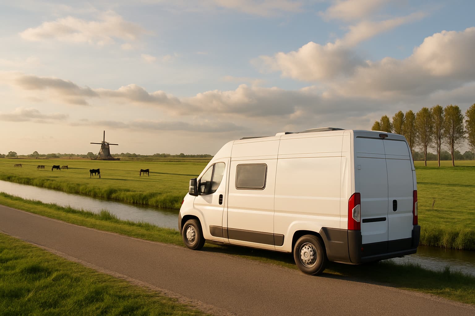 Witte camper zonder merklogo geparkeerd langs een landweg bij een sloot in een Nederlands polderlandschap met koeien en een molen in de verte