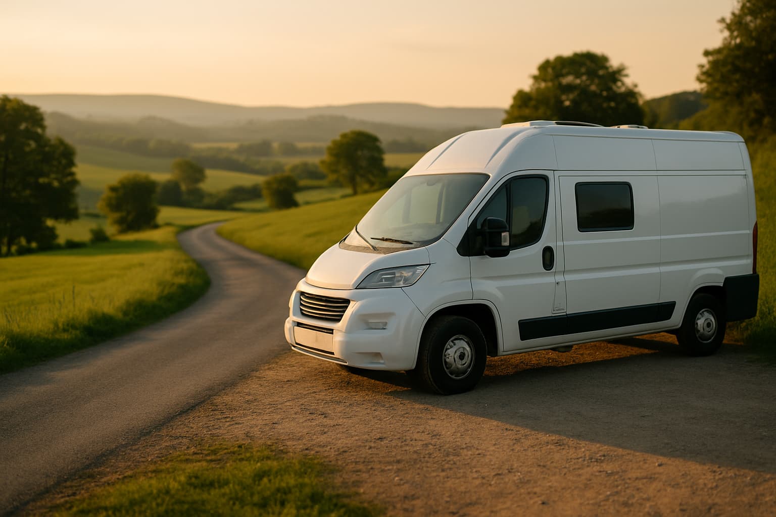 Neutrale witte camper geparkeerd langs een landweg in een glooiend groen landschap tijdens gouden uur