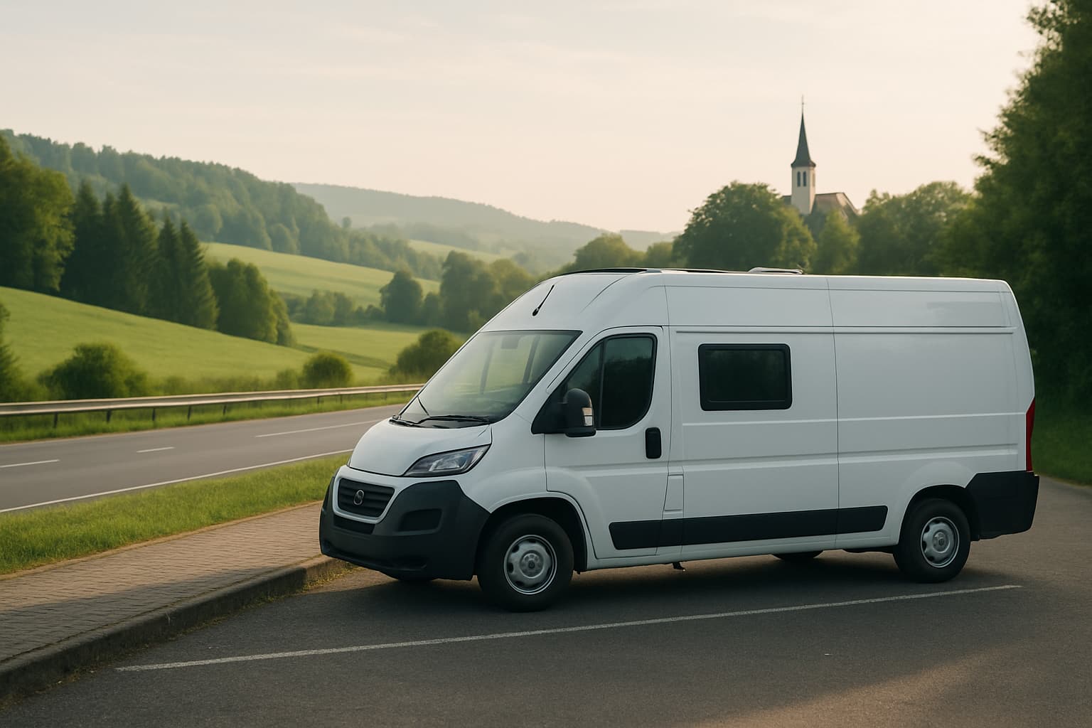 Witte camper zonder merkopschrift geparkeerd bij een rustplaats langs een Duitse weg, met heuvels en bos op de achtergrond in ochtendlicht