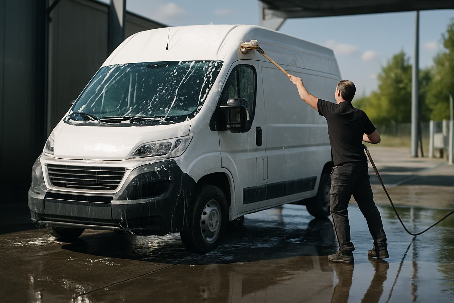 Witte camper zonder merklogo wordt met de hand gewassen op een ruime buitenwasplaats, met schuim op het dak en nat wegdek