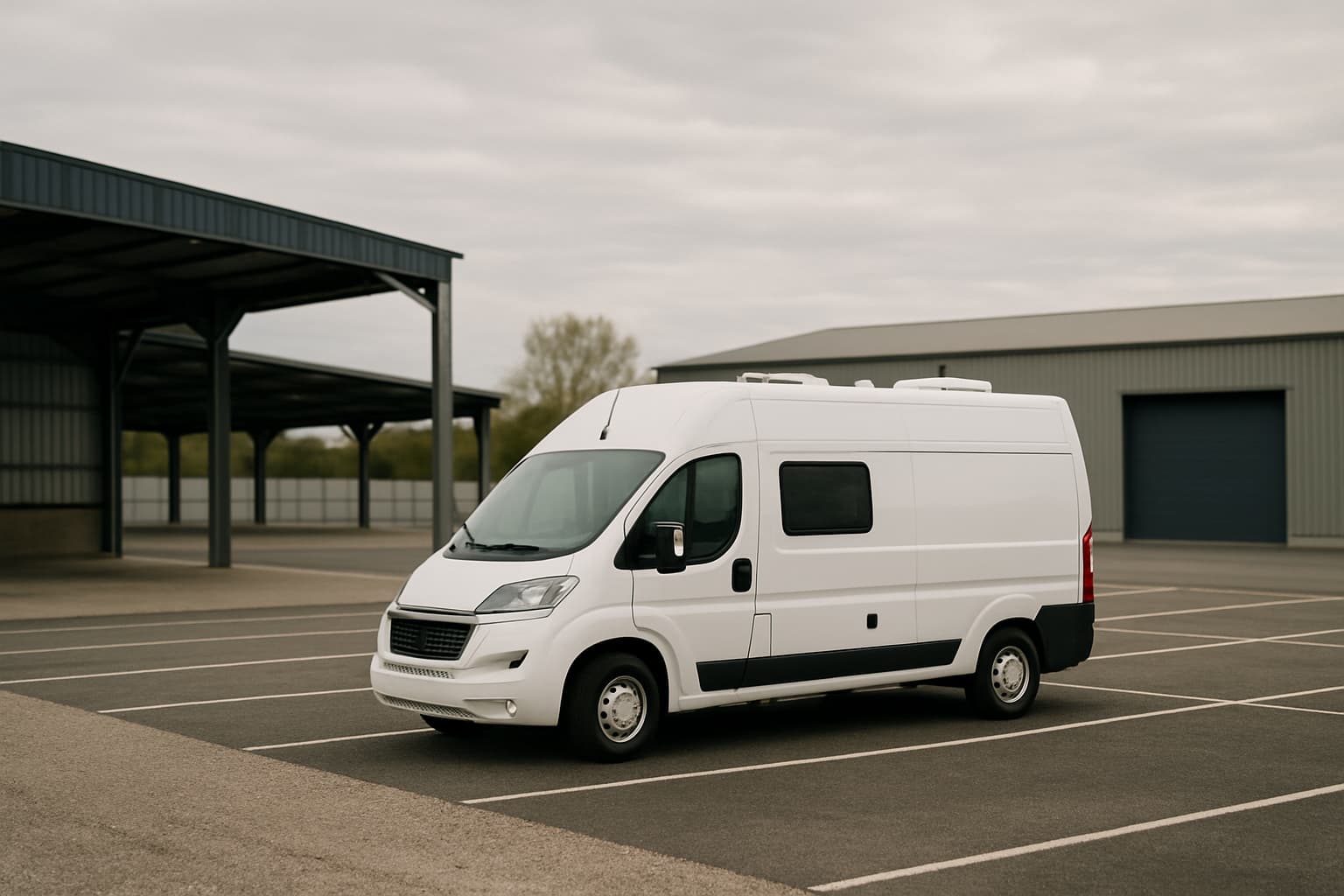 Witte camper zonder merk of kenteken geparkeerd op een stallingsterrein met een halfopen afdak en een gesloten stallingsloods op de achtergrond