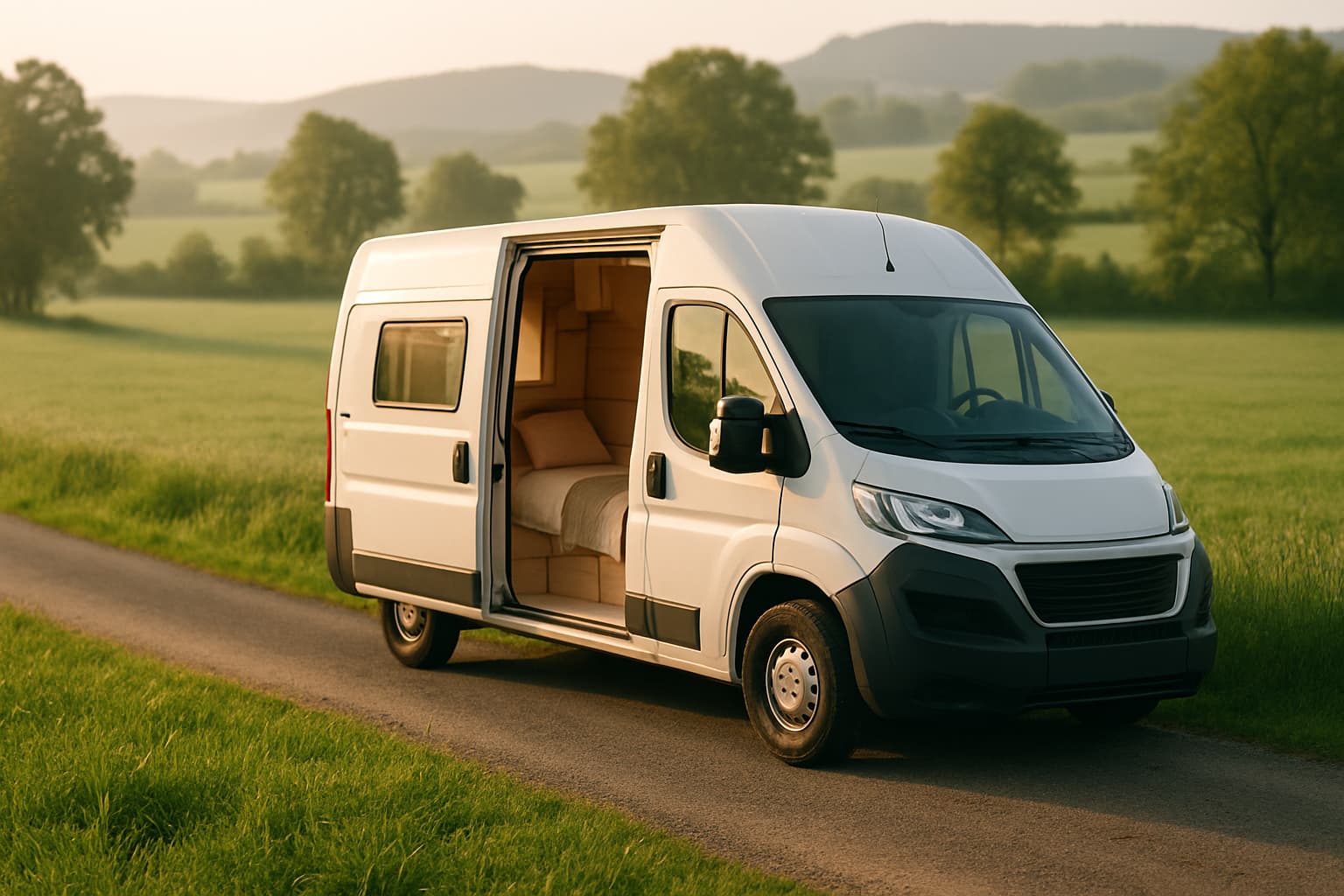 Kleine witte compacte camper geparkeerd langs een smalle landweg bij een groene weide in zacht ochtendlicht, met open schuifdeur en uitzicht op glooiende heuvels