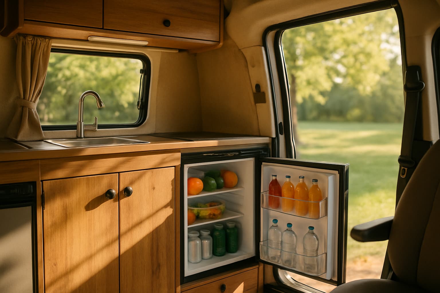 Open koelkast in de compacte keuken van een camper met gekoelde drankjes en verse boodschappen, met daglicht via de open schuifdeur en een zonnige camping op de achtergrond