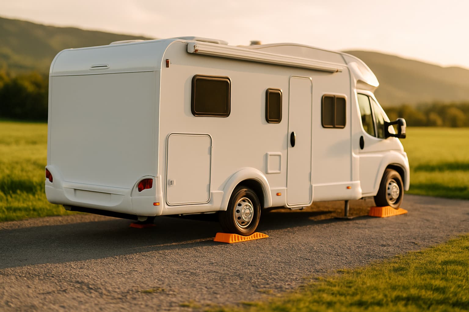 Witte camper zonder merktekens staat op een licht hellend grindterrein, met kunststof wiggen onder de wielen om waterpas te staan, in avondlicht met heuvels op de achtergrond.